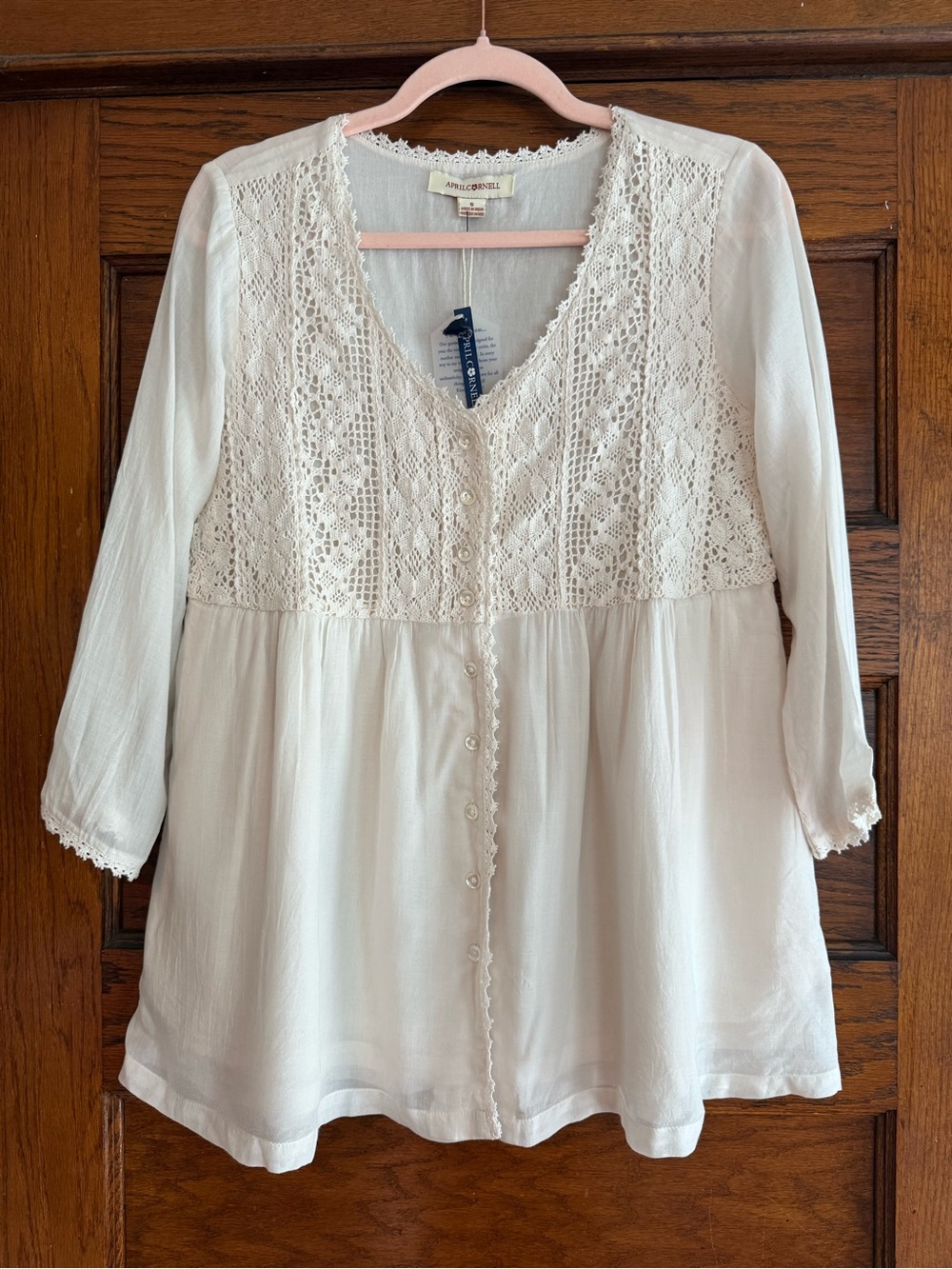 NWT APRIL CORNELL Cream Button Down Blouse Lace Front V Neck Romantic Boho US S